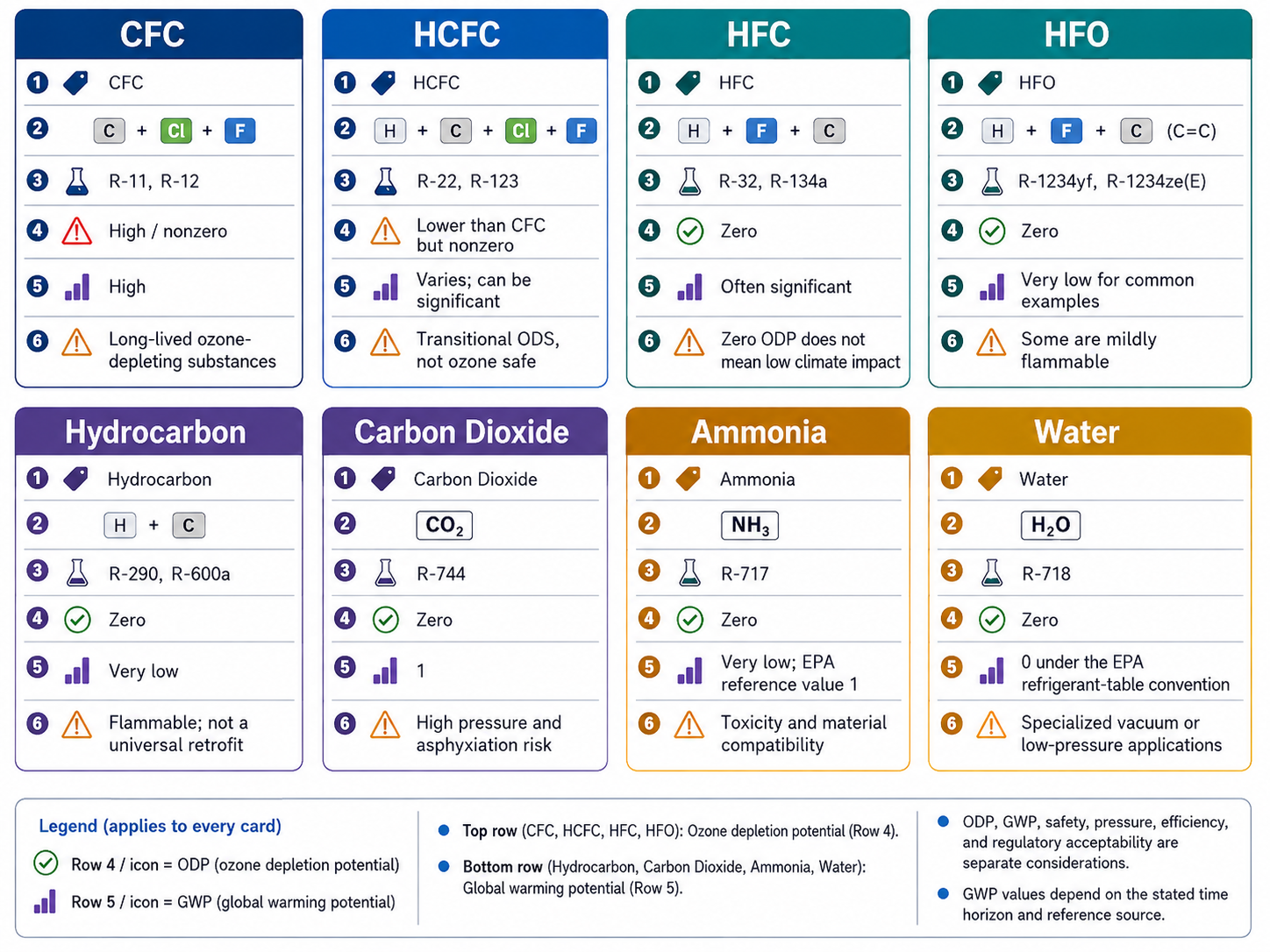 Comparison chart showing chemical elements representative refrigerants ozone-depletion potential global-warming tendency and major cautions for CFC HCFC HFC HFO hydrocarbon carbon dioxide ammonia and water refrigerants